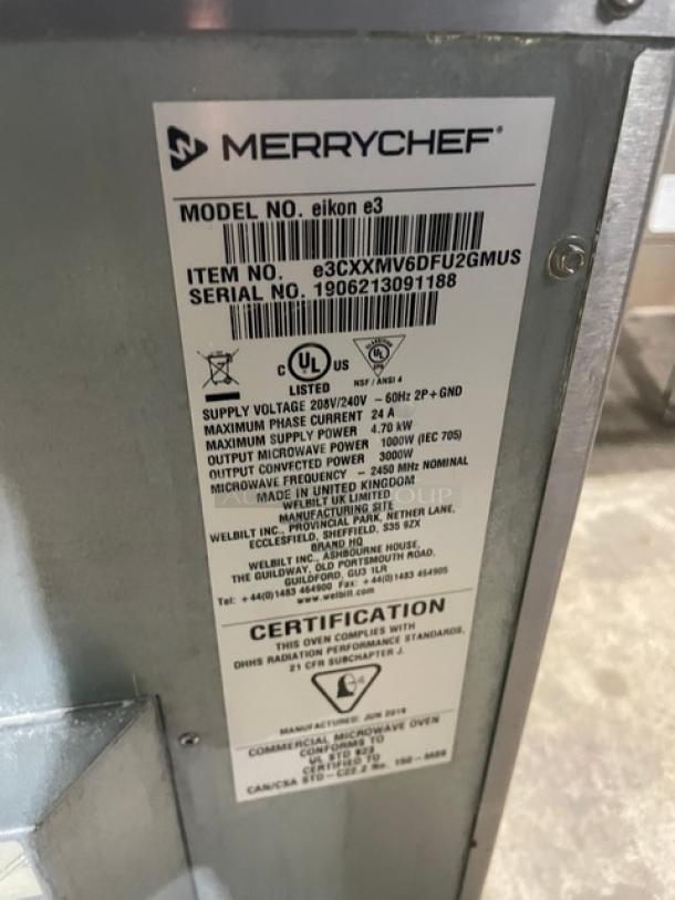 LATE MODEL! Merrychef Commercial Stainless Steel Electric Powered Countertop Rapid Cook Oven! With EasyTouch Icon-Driven Touchscreen! With Flat Turn-Table Plate, Baking/Roasting Pan & Wire Racks! Model: Eikon E3 SN: 1906213091188! 208/240V 1 Phase! Working When Removed! - Image 5 of 8