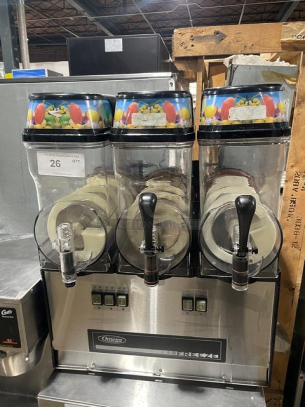 Omega Commercial Stainless Steel/Black Countertop Slushie/Smoothie Frozen Drink Machine! With 3 Clear Polycarbonate Mixing/Holding Containers! Model: OFS30 SN: 3FS16100070! 120V 1 Phase! - Image 1 of 8