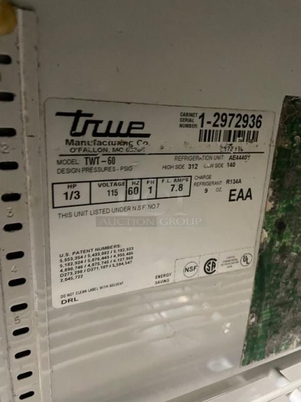 True Commercial Stainless Steel 2 Door Refrigerated Worktop Table! With Backsplash! With Poly Coated Wire Racks! Model: TWT-60 SN: 1-2972936! 115V 1 Phase! On Casters! - Image 7 of 9