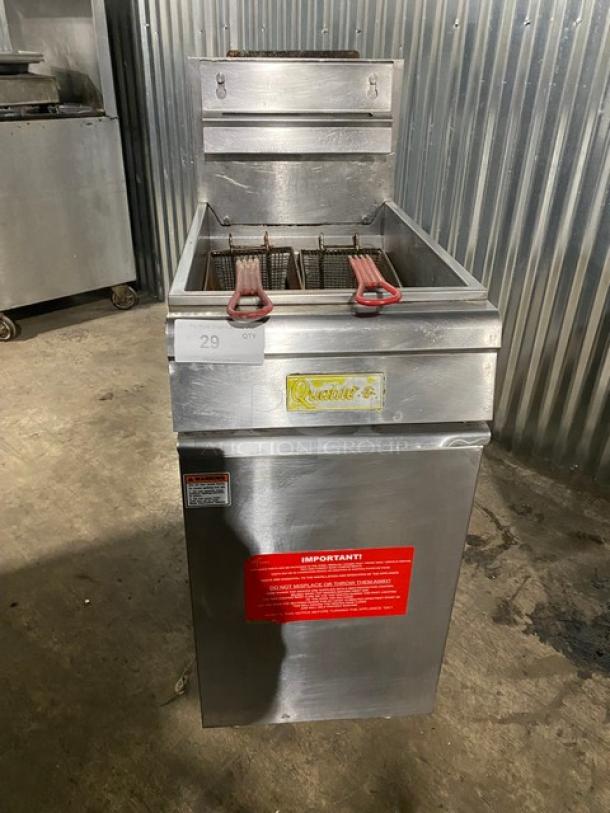 Qualite Commercial Stainless Steel Natural Gas Powered Deep Fat Fryer! With Back Splash & Basket Hanger! With Frying Baskets! Model: QL-9/NG SN: A1201380691! On Legs! - Image 1 of 9