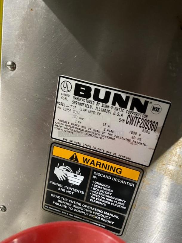 Bunn CW Series Commercial Stainless Steel Countertop Automatic Coffee Brewer! With Hot Water Dispenser & 3 Warmers! With Coffee Decanters! Model: CWTF15 SN: CWTF209360! 120V 1 Phase! - Image 5 of 7