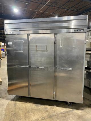 Beverage-Air E-Series Commercial Stainless Steel Solid 3 Door Reach In Refrigerator! With Poly Coated Wire Racks! Model: ER74-1AS SN: 7126683! 115V 1 Phase! On Casters!