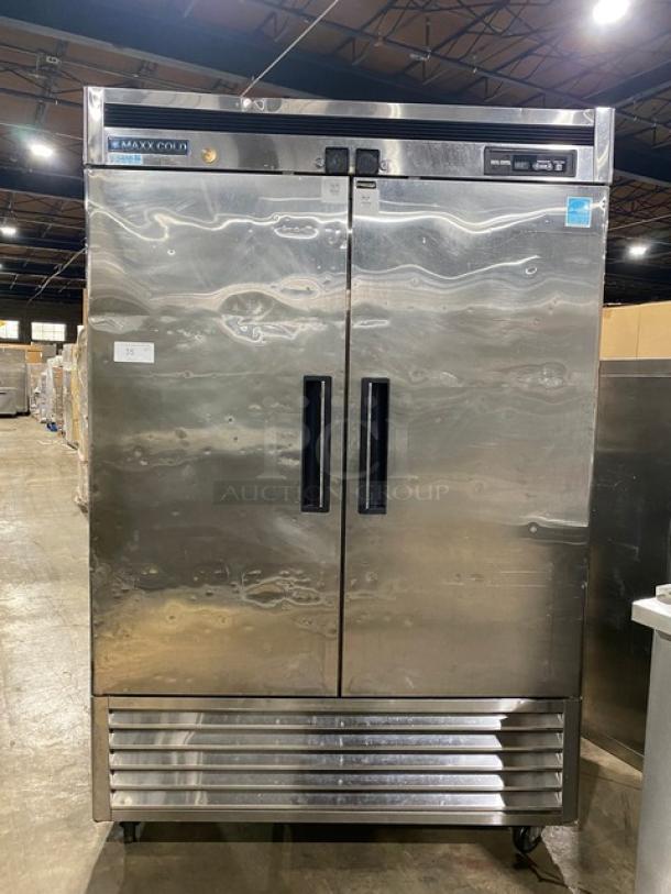 Maxx Cold Commercial Stainless Steel Solid 2 Door Reach In Freezer! With Poly Coated Wire Racks! With Digital Control! Model: MCF-49FD! 115V 1 Phase! On Casters! Powers On But Does Not Get Down To Temp! - Image 1 of 9