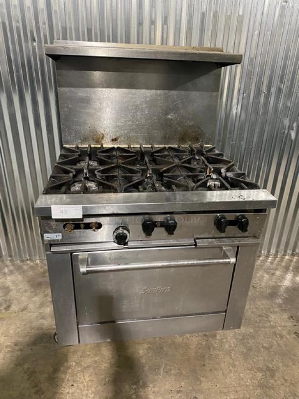 SunFire Commercial Stainless Steel Natural Gas Powered 6 Burner Range & Oven Combo! With Back Splash & Overhead Salamander Shelf! With Wire Oven Rack! Model: X36-6R! On Casters! - Image 1 of 10