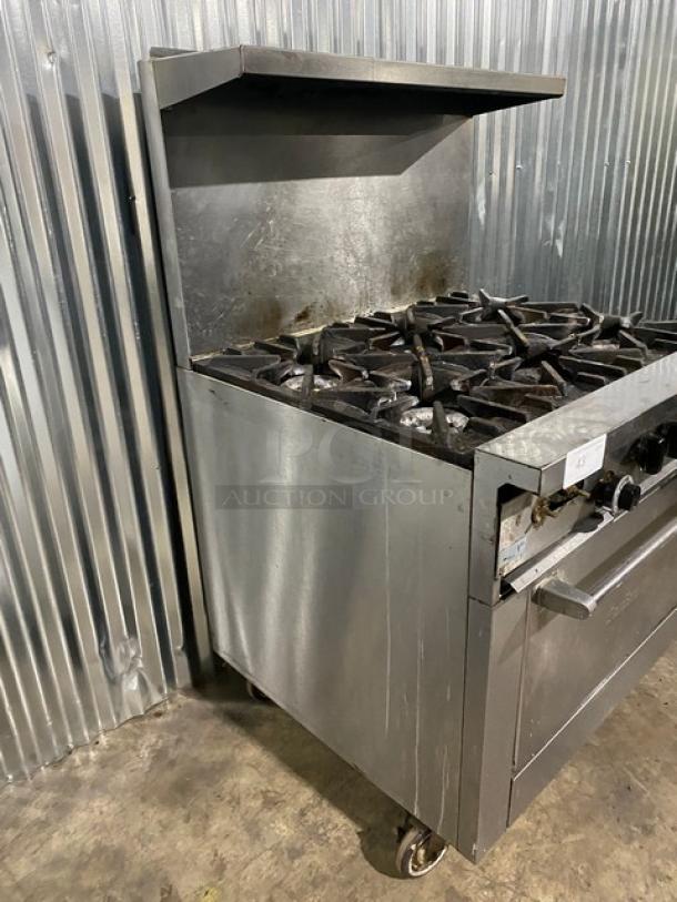 SunFire Commercial Stainless Steel Natural Gas Powered 6 Burner Range & Oven Combo! With Back Splash & Overhead Salamander Shelf! With Wire Oven Rack! Model: X36-6R! On Casters! - Image 2 of 10