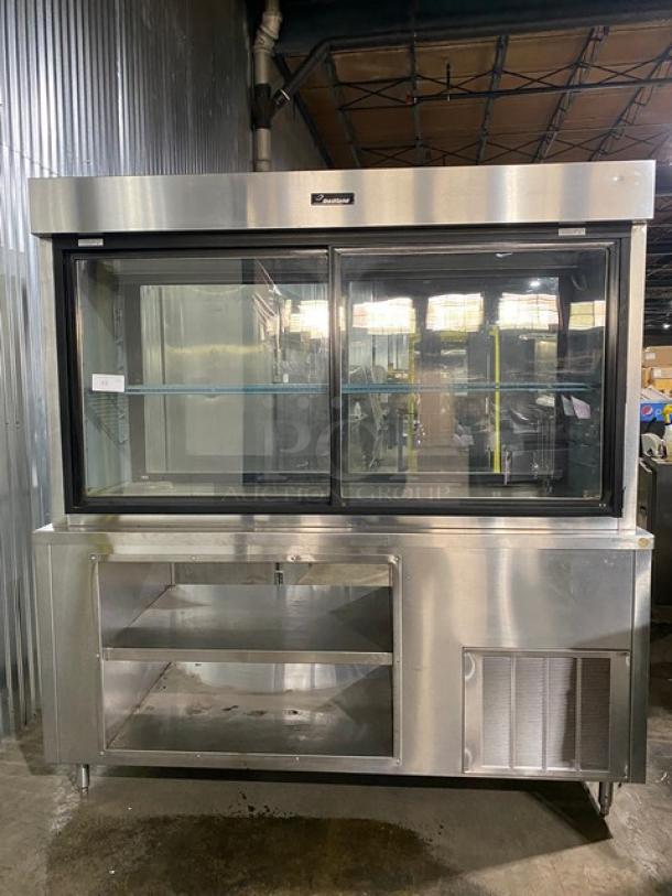 Delfield Commercial Stainless Steel Refrigerated Pass-Through Merchandiser Display Showcase! With 2 Tier Storage Base Underneath! With Adjustable Poly Coated Wire Rack! Model: 5PC72N SN: 0402036000912M! 120V 1 Phase! On Legs! - Image 1 of 9