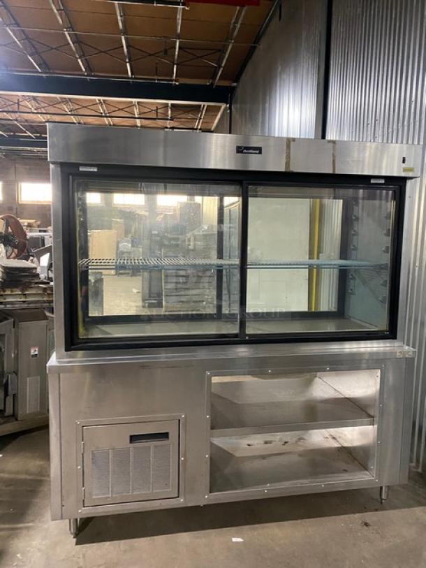 Delfield Commercial Stainless Steel Refrigerated Pass-Through Merchandiser Display Showcase! With 2 Tier Storage Base Underneath! With Adjustable Poly Coated Wire Rack! Model: 5PC72N SN: 0402036000912M! 120V 1 Phase! On Legs! - Image 2 of 9