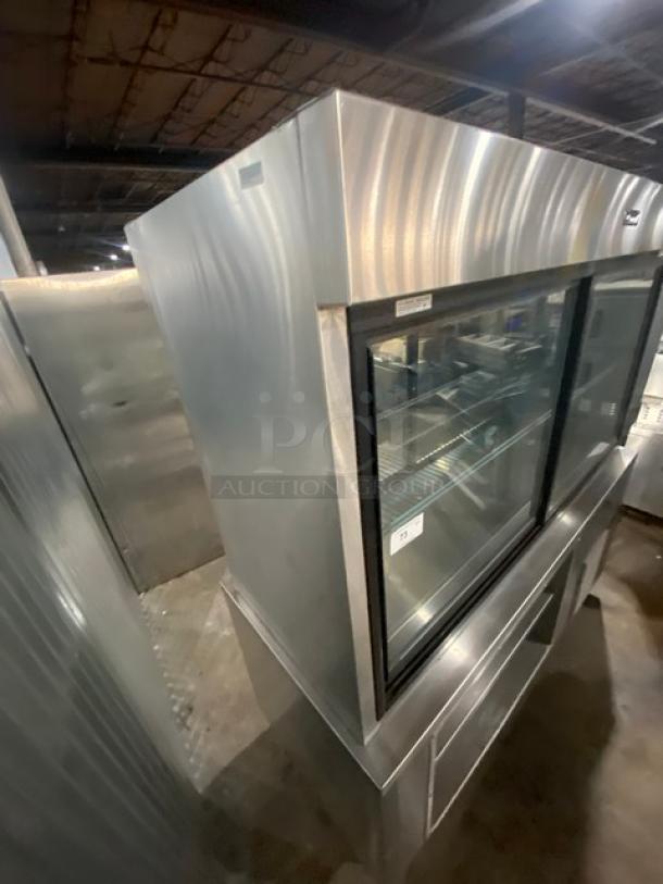 Delfield Commercial Stainless Steel Refrigerated Pass-Through Merchandiser Display Showcase! With 2 Tier Storage Base Underneath! With Adjustable Poly Coated Wire Rack! Model: 5PC72N SN: 0402036000912M! 120V 1 Phase! On Legs! - Image 4 of 9