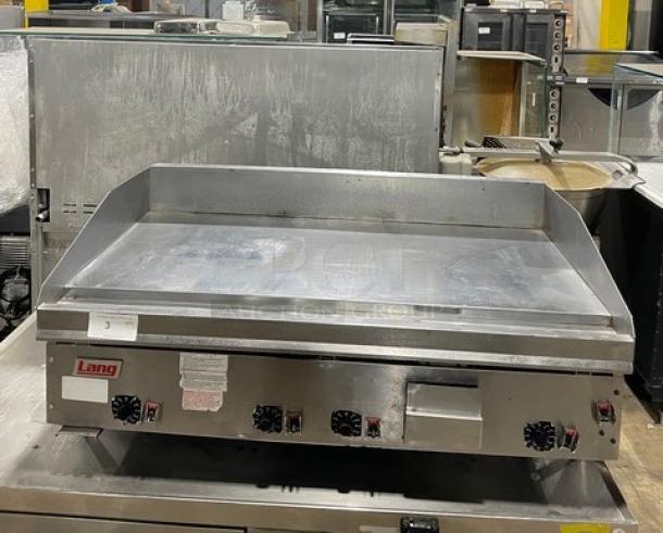 Great! Lang Commercial Stainless Steel Natural Gas Powered Countertop Highly Polished Chrome Top Mirror Shine Flat Griddle! With Thermostatic Controls! Model: 148SC-NAT-SH SN: GT2481218A0011! On Legs! - Image 1 of 10