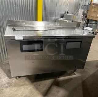 True Commercial Stainless Steel 2 Door Refrigerated Worktop Table! With Backsplash! With Poly Coated Wire Racks! Model: TWT-60 SN: 1-2972936! 115V 1 Phase! On Casters!