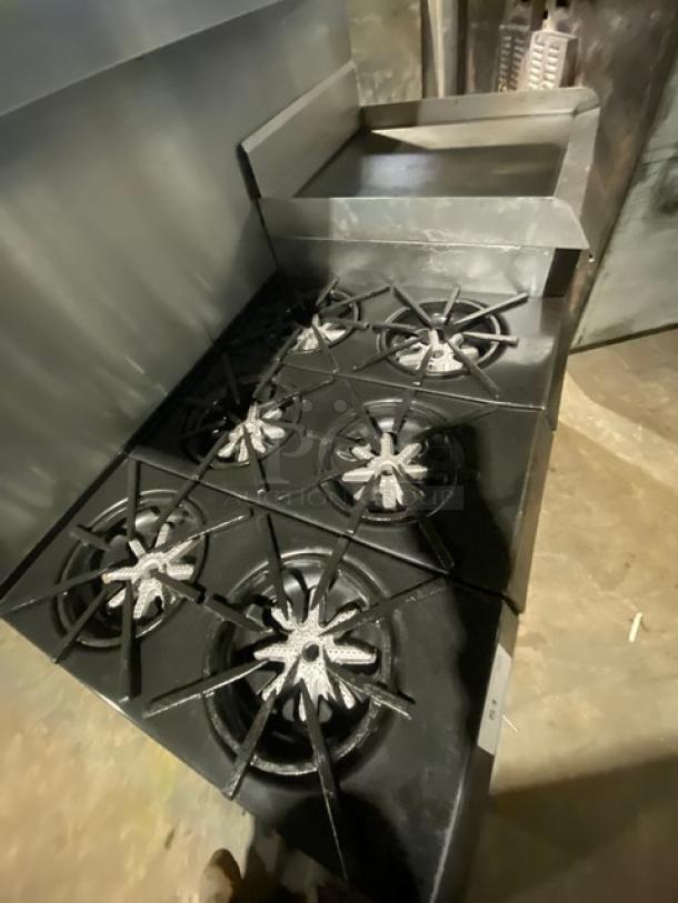 Wow! Garland Commercial Stainless Steel Natural Gas Powered 6 Burner Range/Flat Griddle Split Top & Double Oven Combo! With Back Splash & Overhead Salamander Shelf! With Wired Oven Racks! On Casters! Working When Removed! - Image 5 of 12