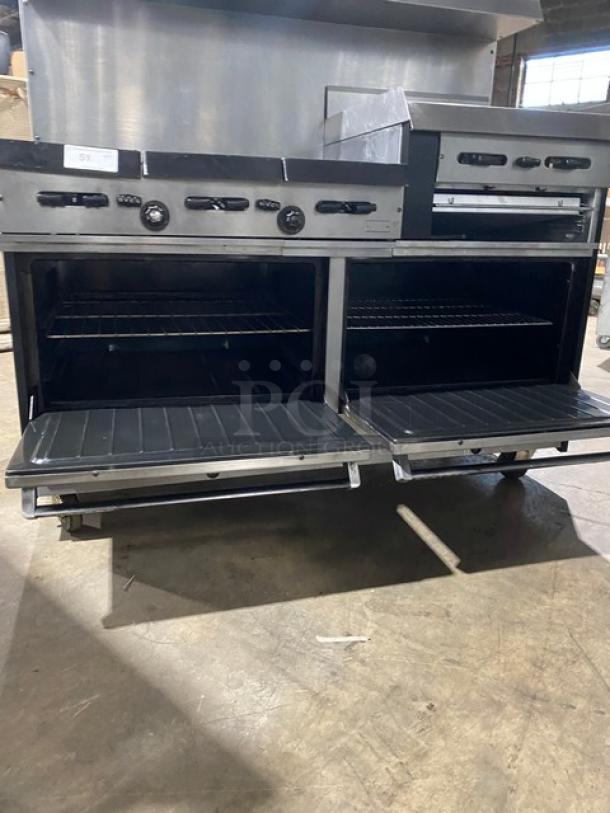 Wow! Garland Commercial Stainless Steel Natural Gas Powered 6 Burner Range/Flat Griddle Split Top & Double Oven Combo! With Back Splash & Overhead Salamander Shelf! With Wired Oven Racks! On Casters! Working When Removed! - Image 9 of 12