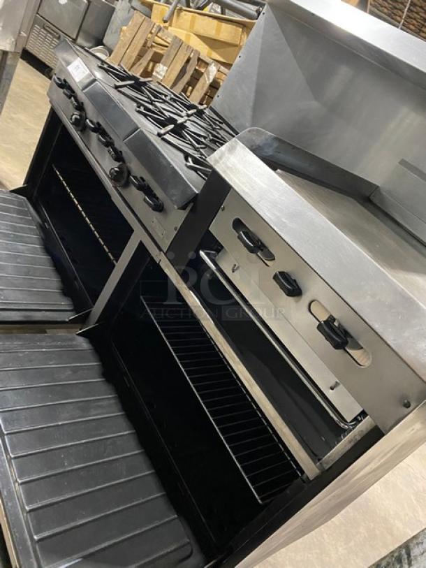 Wow! Garland Commercial Stainless Steel Natural Gas Powered 6 Burner Range/Flat Griddle Split Top & Double Oven Combo! With Back Splash & Overhead Salamander Shelf! With Wired Oven Racks! On Casters! Working When Removed! - Image 11 of 12