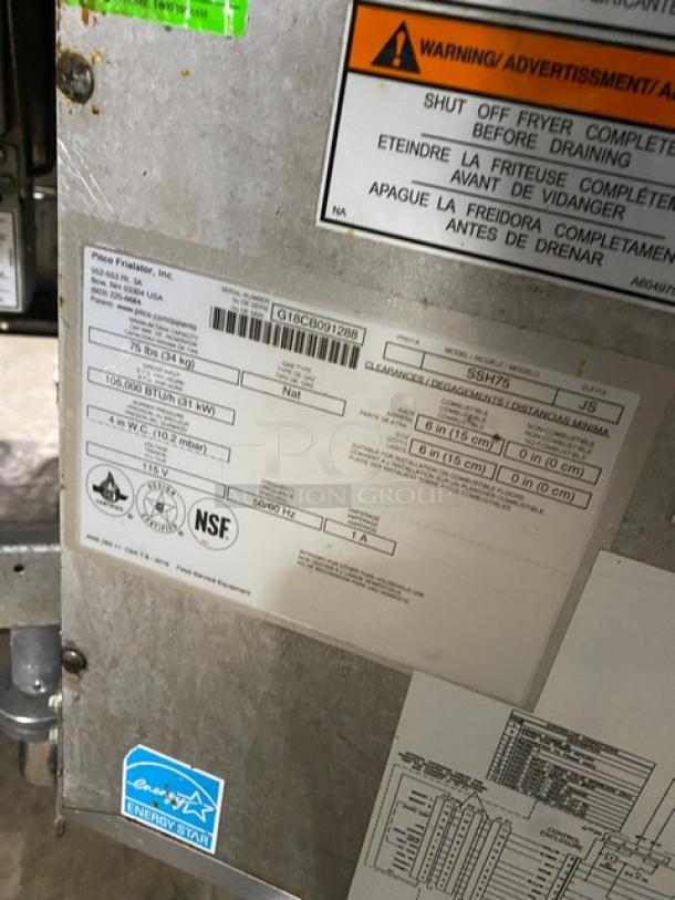 Pitco Solstice Supreme Series Commercial Stainless Steel Natural Gas Powered 75Lb Deep Fat Fryer! Enerygy Star Certified! With Backsplash & Fryer Basket Hanger! Model: SSH75 SN: G18CB091288! 115V! On Casters! Working When Removed! - Image 7 of 9