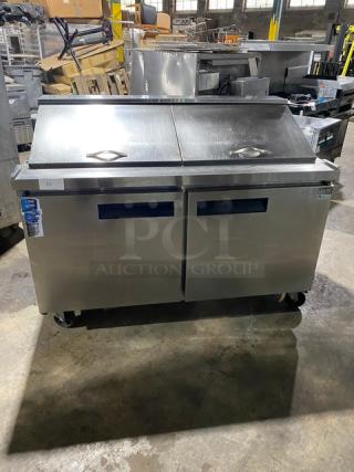 Dukers Commercial Stainless Steel 2 Door Refrigerated Bain Marie Style Mega Top Salad/Sandwich Prep Table! With Poly Coated Wire Racks! Model: DSP60 SN: DUK211103! 115V! On Casters!