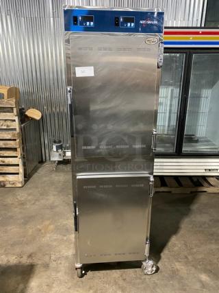 Alto-Shaam Halo Heat Series Commercial Stainless Steel Dutch Door Dual Compartment Mobile Heated Holding/Proofing Cabinet! With Wire Racks! Model: 1000-UP SN: 1057014-000! 120V 1 Phase! On Casters!