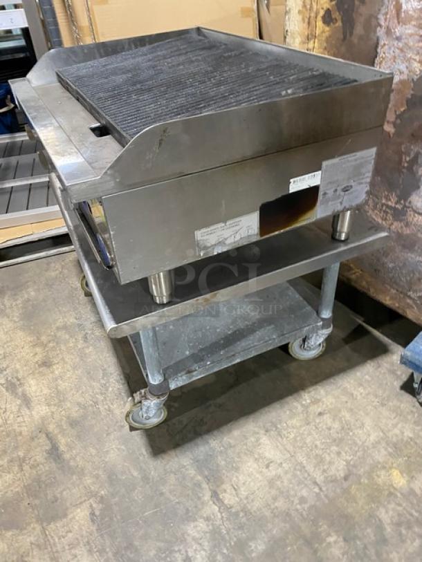 Globe Commercial Stainless Steel Natural Gas Powered Countertop Char Broiler! With Side Splashes! Model: GCB36G SN: 1714083783! On Single Shelf Equipment Cart With Casters! Working When Removed! - Image 3 of 9