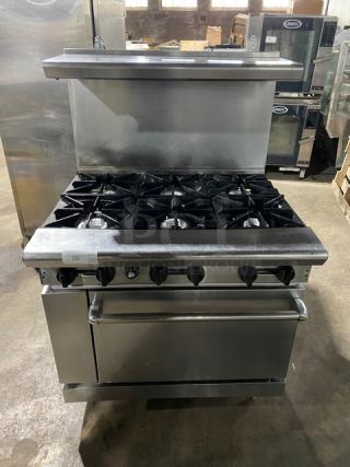 Commercial Stainless Steel Natural Gas Powered 6 Burner Range & Oven Combo! With Back Splash & Overhead Salamander Shelf! With Wired Oven Rack! On Legs!