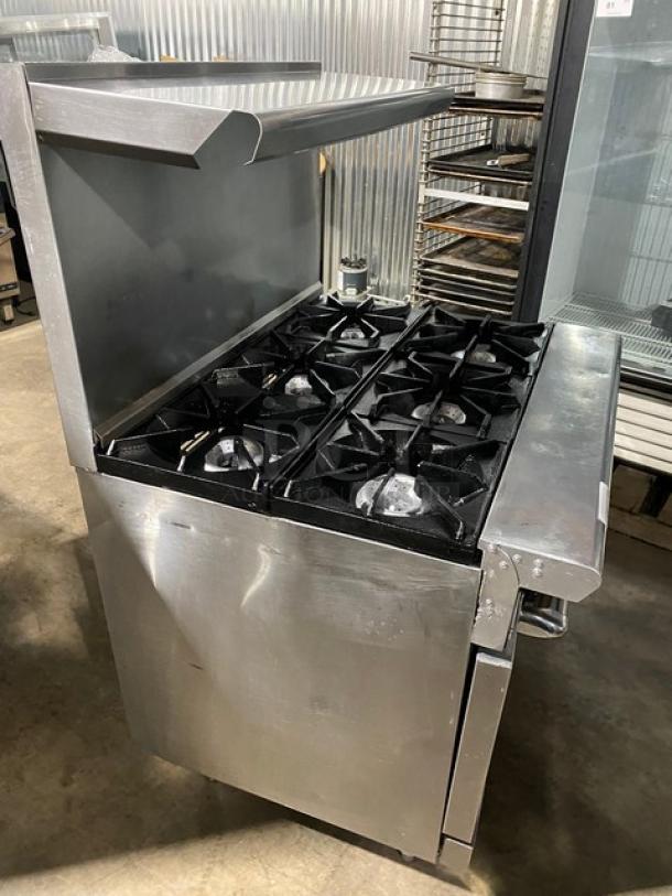 Commercial Stainless Steel Natural Gas Powered 6 Burner Range & Oven Combo! With Back Splash & Overhead Salamander Shelf! With Wired Oven Rack! On Legs! - Image 4 of 9