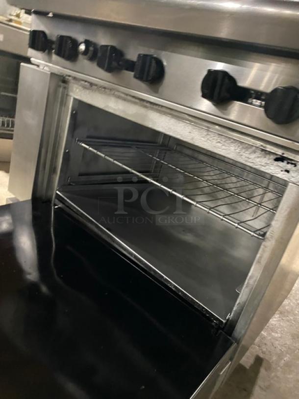 Commercial Stainless Steel Natural Gas Powered 6 Burner Range & Oven Combo! With Back Splash & Overhead Salamander Shelf! With Wired Oven Rack! On Legs! - Image 7 of 9