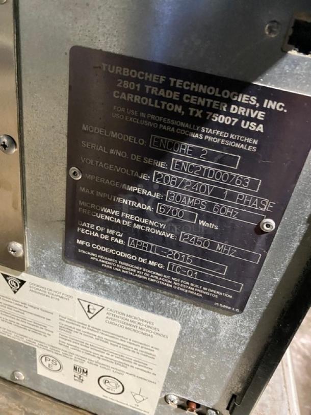 Turbochef Commercial Stainless Steel Electric Powered High Speed Countertop Rapid Cook Oven! With Cook Stone! Model: ENCORE 2 SN: ENC2TD00763! 208-240V 1 Phase! On Single Shelf Equipment Cart With Casters! - Image 5 of 8