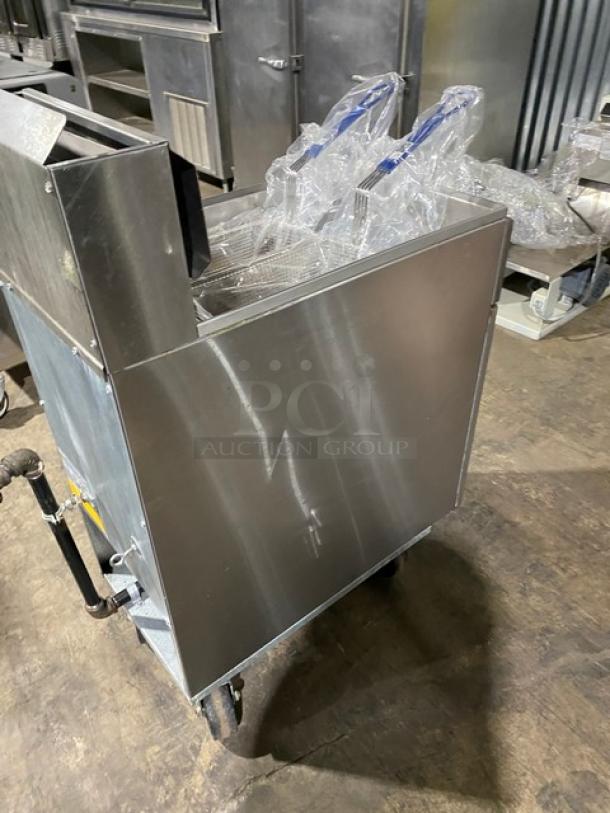 Imperial Commercial Stainless Steel Natural Gas Powered Deep Fat Fryer! With Back Splash & Fryer Basket Hanger! With New Frying Baskets! Model: FS-50 SN: 08147922! On Casters! - Image 3 of 8