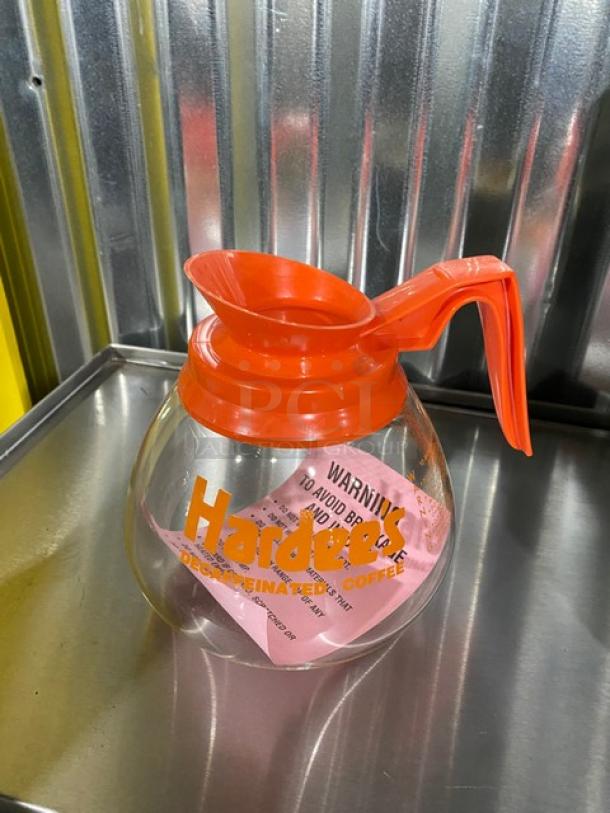New In The Box! Duran Hardee's Decaffeinated Style Commercial Glass Coffee Decanters! With Orange Handles! All One Money! - Image 3 of 5