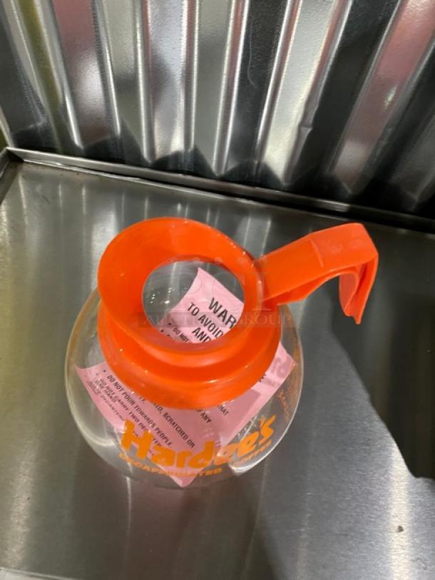 New In The Box! Duran Hardee's Decaffeinated Style Commercial Glass Coffee Decanters! With Orange Handles! All One Money! - Image 4 of 5