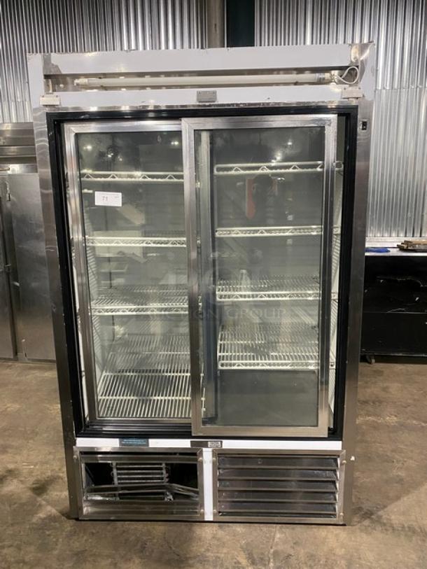 Leader Commercial Stainless Steel Double Glass Sliding Door Reach In Refrigerator Merchandiser! With LED Light! With Poly Coated Wire Rack! Model: ESLS48 S/C SN: NQ03M2502! 115V 1 Phase! - Image 1 of 8