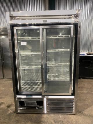 Leader Commercial Stainless Steel Double Glass Sliding Door Reach In Refrigerator Merchandiser! With LED Light! With Poly Coated Wire Rack! Model: ESLS48 S/C SN: NQ03M2502! 115V 1 Phase!