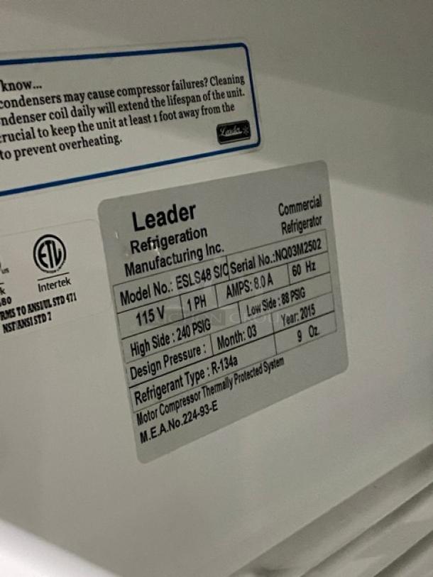 Leader Commercial Stainless Steel Double Glass Sliding Door Reach In Refrigerator Merchandiser! With LED Light! With Poly Coated Wire Rack! Model: ESLS48 S/C SN: NQ03M2502! 115V 1 Phase! - Image 7 of 8