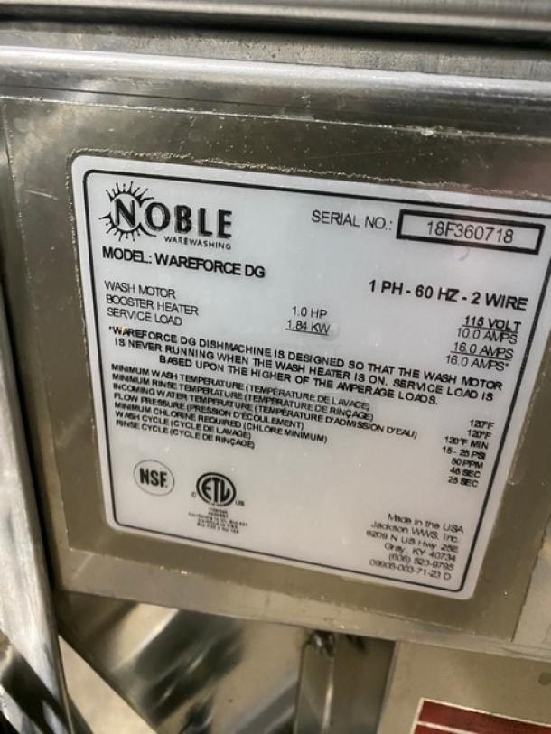 Noble Warewashing Commercial Stainless Steel Low Temperature Single Rack Glass/Dishwasher! Energy Star Certified! Model: WAREWASHING DG SN: 18F360718! 115V 1 Phase! On Legs! - Image 8 of 10