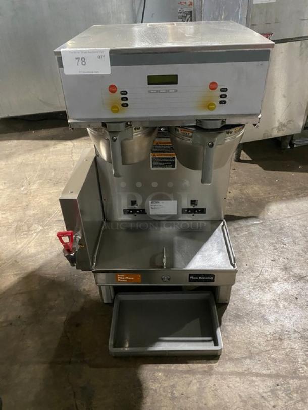 Bunn Starbucks Style Commercial Stainless Steel Countertop Dual Soft Heat Coffee Brewer! With Hot Water Dispenser! With Stainless Steel Brew Baskets! Model: DUAL SH DBC SN: DUAL128596! 120/208V 1 Phase! On Legs! - Image 1 of 7