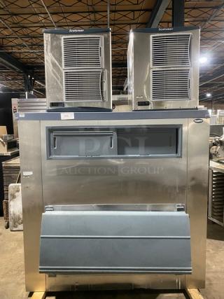 Sweet! LATE MODEL! Scotsman Commercial Stainless Steel Double AIR COOLED Nugget Style Ice Machine Heads! Model: NS1322A-32B SN: 22111320015822 & SN: 22021320012788! 208/230x2V 1 Phase! On Follett Commercial Stainless-Steel Full-Size Ice Bin Attached! With Sliding Doors! With Heavy Duty Power Hinge Lift Up Style SmartGATE!