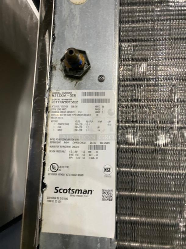 Sweet! LATE MODEL! Scotsman Commercial Stainless Steel Double AIR COOLED Nugget Style Ice Machine Heads! Model: NS1322A-32B SN: 22111320015822 & SN: 22021320012788! 208/230x2V 1 Phase! On Follett Commercial Stainless-Steel Full-Size Ice Bin Attached! With Sliding Doors! With Heavy Duty Power Hinge Lift Up Style SmartGATE! - Image 5 of 11
