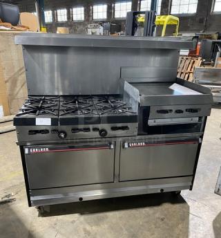 Wow! Garland Commercial Stainless Steel Natural Gas Powered 6 Burner Range/Flat Griddle Split Top & Double Oven Combo! With Back Splash & Overhead Salamander Shelf! With Wired Oven Racks! On Casters! Working When Removed!