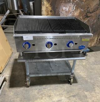 Globe Commercial Stainless Steel Natural Gas Powered Countertop Char Broiler! With Side Splashes! Model: GCB36G SN: 1714083783! On Single Shelf Equipment Cart With Casters! Working When Removed!