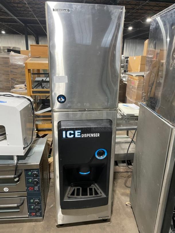 Hoshizaki Commercial Stainless Steel Modular Cresent Cuber Ice Machine Head! Model: KM-500MWH SN: Q03845E!  115-120V 1 Phase! With Hoshizaki Commercial Stainless Steel Ice Dispensing Bin Underneath! Model:  DB-130H SN: Q52291G! 115V 1 Phase! On Legs! - Image 1 of 8