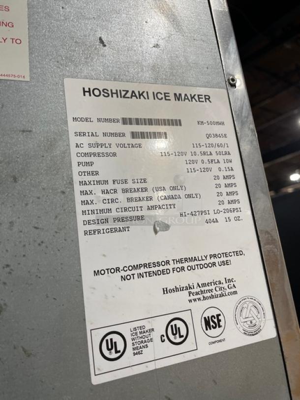 Hoshizaki Commercial Stainless Steel Modular Cresent Cuber Ice Machine Head! Model: KM-500MWH SN: Q03845E!  115-120V 1 Phase! With Hoshizaki Commercial Stainless Steel Ice Dispensing Bin Underneath! Model:  DB-130H SN: Q52291G! 115V 1 Phase! On Legs! - Image 5 of 8