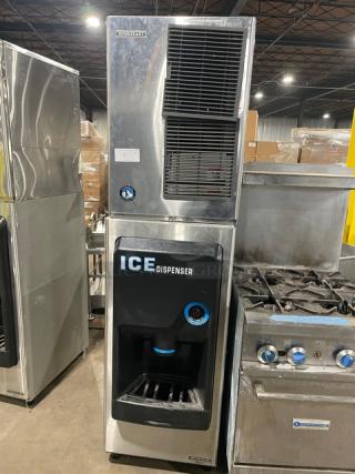 Hoshizaki Commercial Stainless Steel Modular Cresent Cuber Ice Machine Head! With Hoshizaki Commercial Stainless Steel Ice Dispensing Bin Underneath! Model: DB-130H SN: Q52282G! 115V 1 Phase! On Legs!
