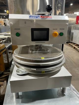 NEVER USED! OUT OF THE BOX! DoughXpress Commercial White Heavy-Duty Countertop Manual Dual-Heat Air Automatic Pizza / Tortilla Dough Press Machine! Model: D-TXA-2-18W SN: 860-3738A! 208-240V 1 Phase! On Legs!
