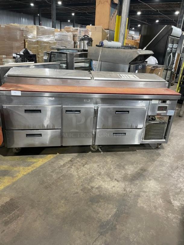 Wasserstrom Commercial Stainless Steel 4 Drawer/Single Door Refrigerated Mega Top Pizza Prep Table! With Wire Rack! With Butcher Block Style Cutting Board! Model: F211-02-43 SN: G197184-011-001! 115V 1 Phase! On Casters! - Image 1 of 11