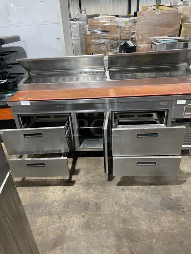 Wasserstrom Commercial Stainless Steel 4 Drawer/Single Door Refrigerated Mega Top Pizza Prep Table! With Wire Rack! With Butcher Block Style Cutting Board! Model: F211-02-43 SN: G197184-011-001! 115V 1 Phase! On Casters! - Image 5 of 11