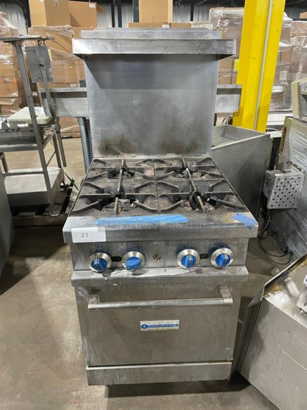 Standard Range! 2021! Commercial Stainless Steel Natural Gas Powered 4 Burner Range & Oven Combo! With Wire Oven Racks! With Back Splash & Overhead Salamander Shelf! Model: SR-R24 SN: 210408025! On Casters! - Image 1 of 8