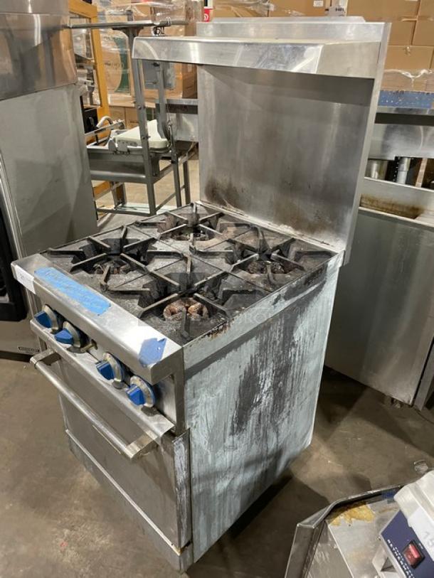 Standard Range! 2021! Commercial Stainless Steel Natural Gas Powered 4 Burner Range & Oven Combo! With Wire Oven Racks! With Back Splash & Overhead Salamander Shelf! Model: SR-R24 SN: 210408025! On Casters! - Image 4 of 8