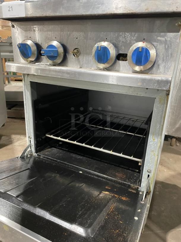Standard Range! 2021! Commercial Stainless Steel Natural Gas Powered 4 Burner Range & Oven Combo! With Wire Oven Racks! With Back Splash & Overhead Salamander Shelf! Model: SR-R24 SN: 210408025! On Casters! - Image 6 of 8