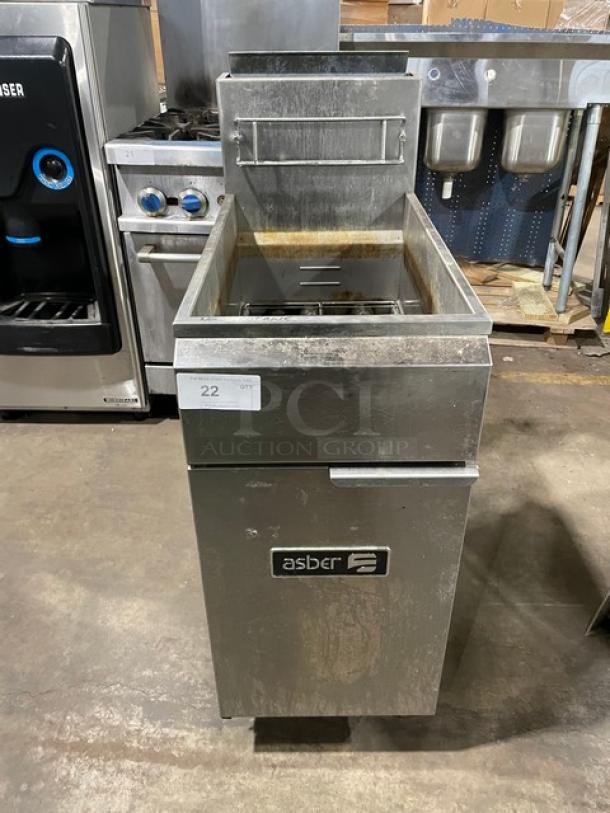Asber Commercial Stainless Steel Natural Gas Powered Deep Fat Fryer! With Back Splash & Fryer Basket Hanger! On Casters! - Image 1 of 8