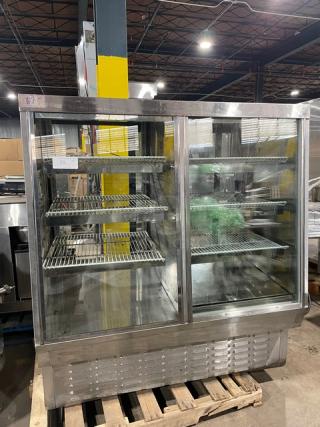 Commercial Stainless Steel Slanted Glass Refrigerated Dual Sectioned Meat Deli/Bakery Display Case! With Rear Sliding Glass Doors! With Poly Coated Wire Racks!