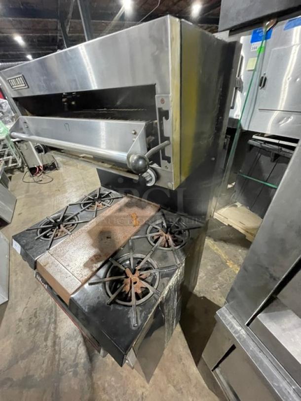 Garland Commercial Stainless Steel Natural Gas Powered 4 Burner Range/Flat Griddle Split Top & Oven Combo! With Wired Oven Rack! With Back Splash & Garland Natural Gas Powered Salamander Broiler/Cheese Melter Overhead! On Legs! - Image 2 of 10