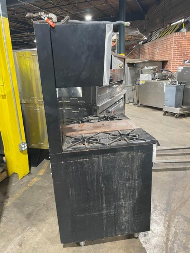 Garland Commercial Stainless Steel Natural Gas Powered 4 Burner Range/Flat Griddle Split Top & Oven Combo! With Wired Oven Rack! With Back Splash & Garland Natural Gas Powered Salamander Broiler/Cheese Melter Overhead! On Legs! - Image 3 of 10